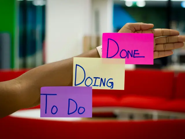 A hand holding three sticky notes labeled To Do, Doing and Done